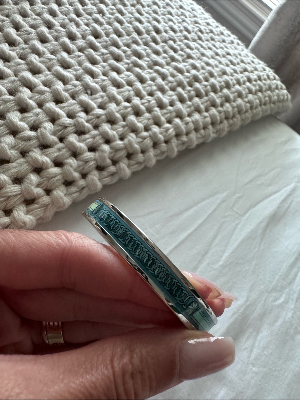 Hermès Enamel Narrow Bangle Bracelet in Teal and Aqua - Picture 2 of 7